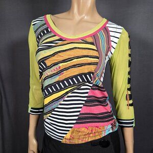 Vintage Save The Queen Top blouse size L Abstract Print Mesh Sleeves Stretch